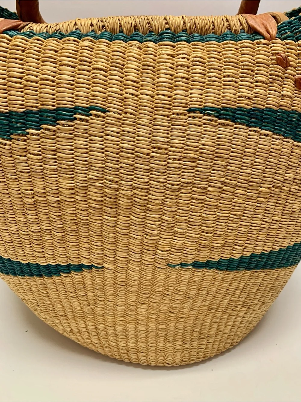 Handwoven Bolga Market Basket with Leather Wrapped Handles Large U Shopper